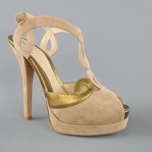 FENDI Size 9 Taupe Suede Metallic Gold Leather Peep Toe Platform Sandals